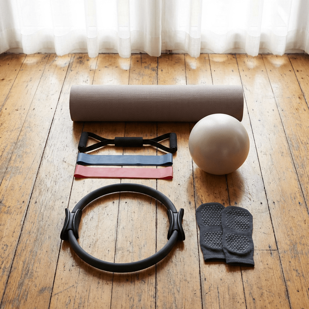 Pilates equipment including a mat, ball, resistance bands, ring, and grip socks on a wooden floor.
