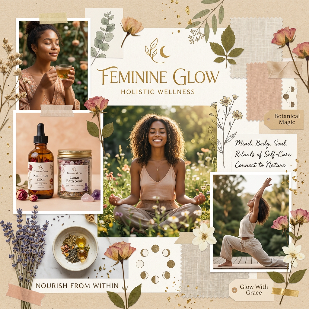 Collage featuring women practicing mindfulness and yoga, herbal wellness products, and dried flowers